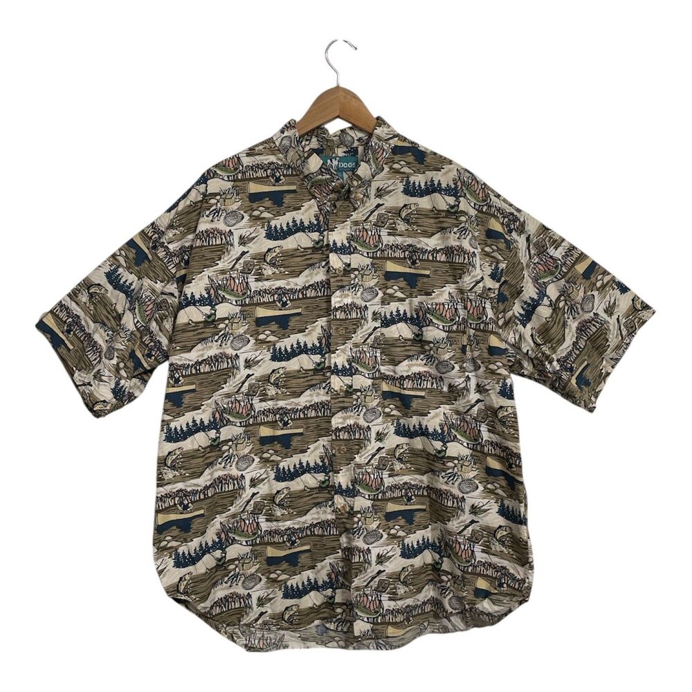 Vintage Big Dogs Hawaiian Shirt Men 2XL Green Fishing Print Rayon